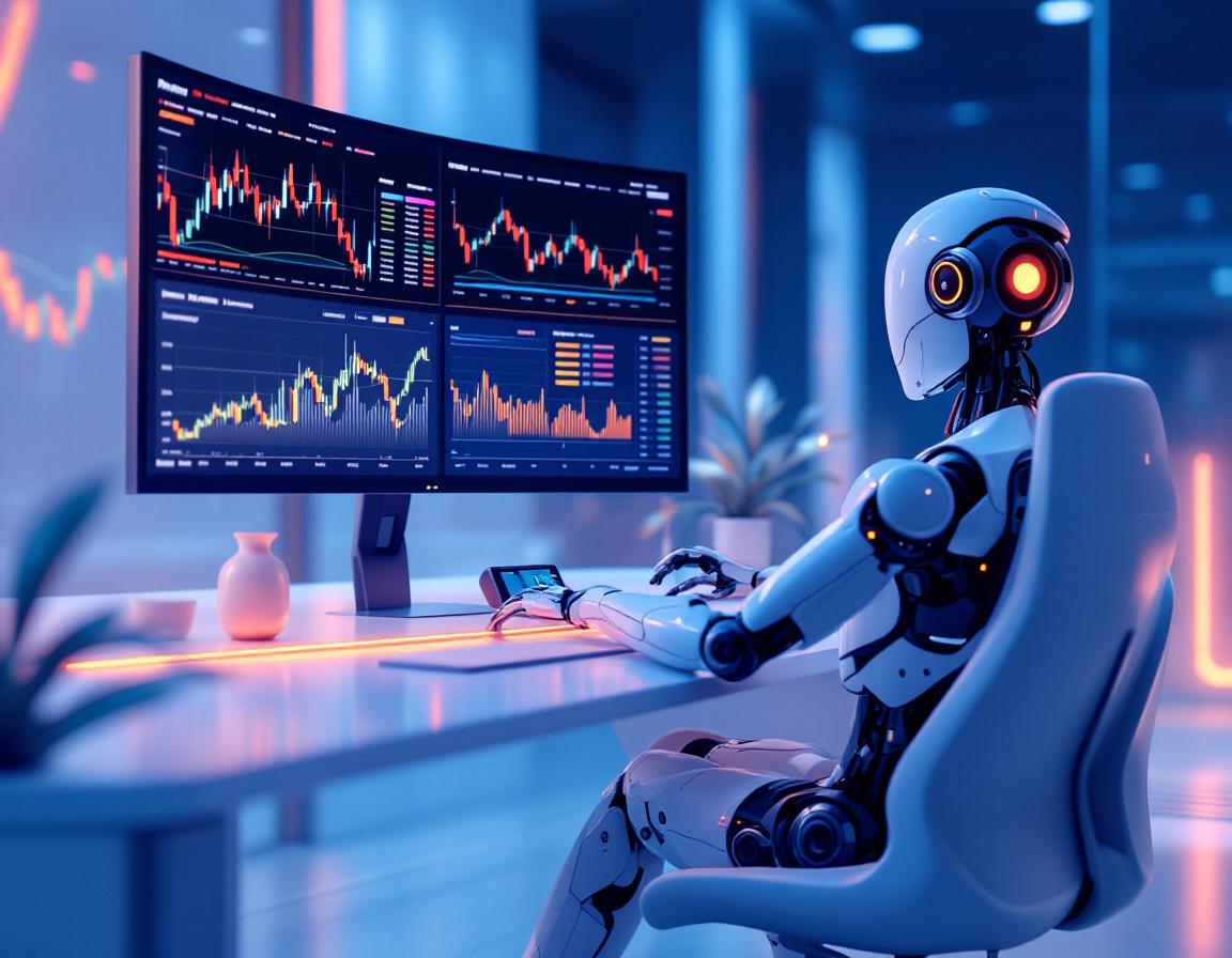 A humanoid AI trading bot analyzes market data at a high-tech workstation, multiple screens visible.