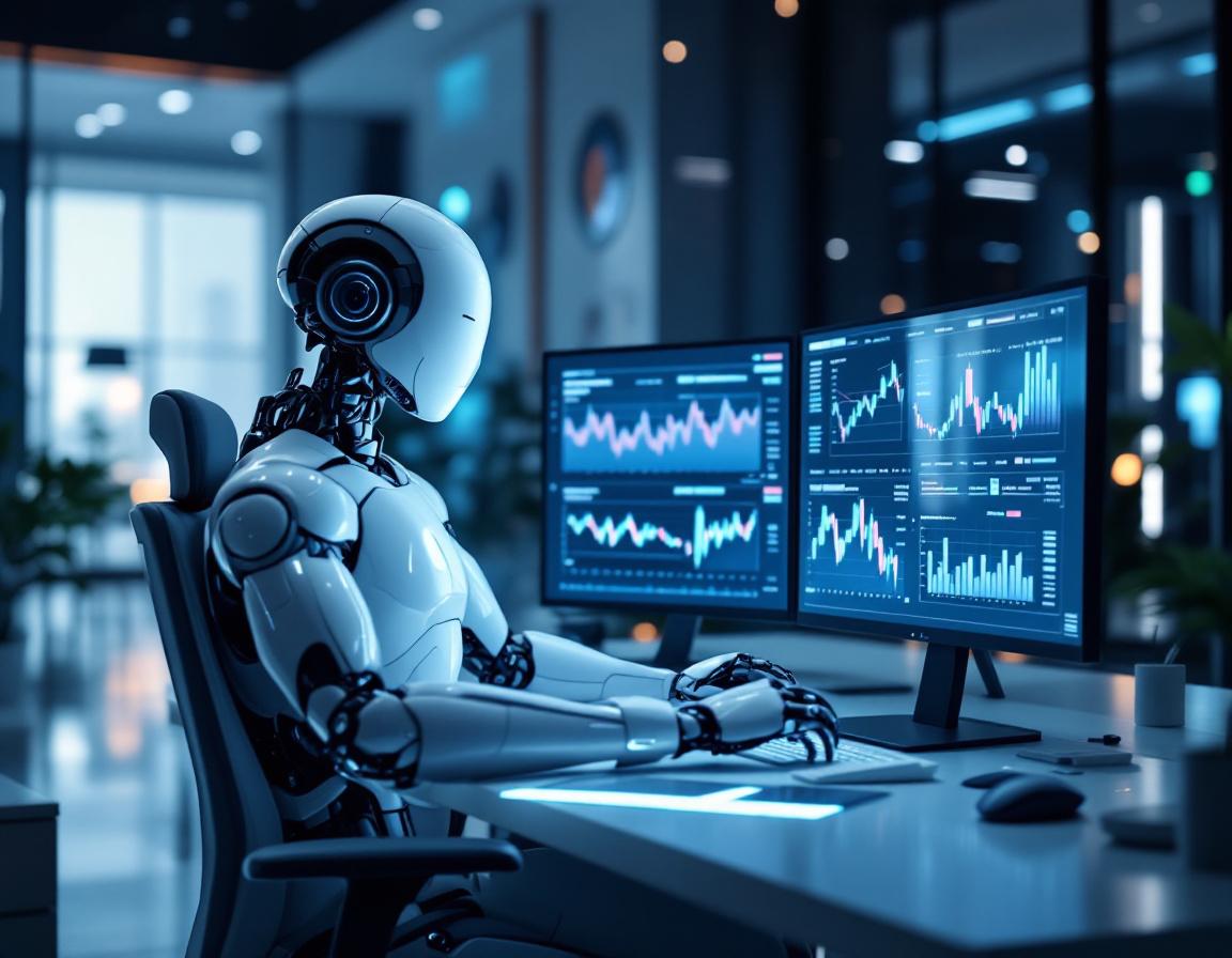 A hyper-realistic AI trading bot at a workstation, analyzing market data with multiple screens.