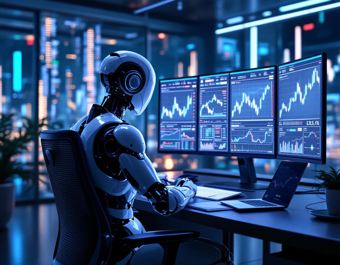 A sleek, humanoid AI trading bot in a futuristic workstation analyzing stock and crypto market data.