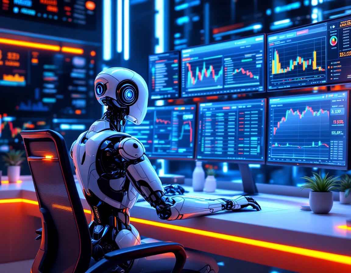 A futuristic AI trading bot analyzes market data at a high-tech workstation with multiple screens.
