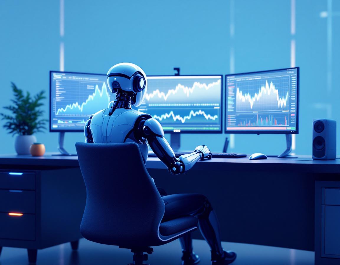 A humanoid AI trading bot at a high-tech workstation analyzes market data across multiple screens.