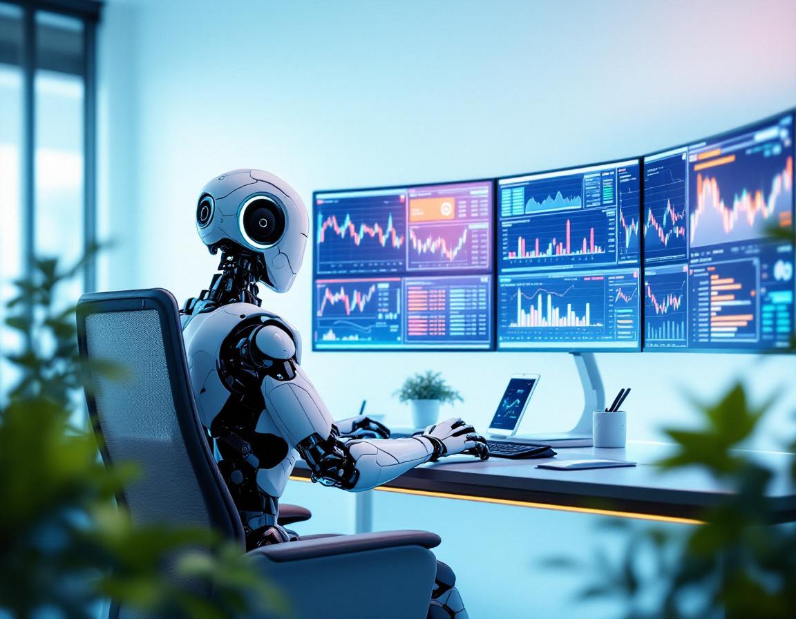A hyper-realistic AI trading bot at a workstation, analyzing market data across multiple screens.