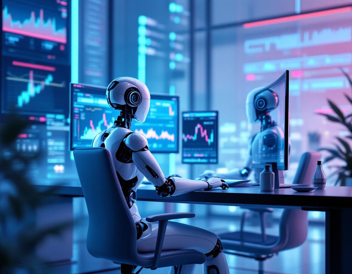 Hyper-realistic AI trading bot at a workstation analyzing market data in a futuristic environment.