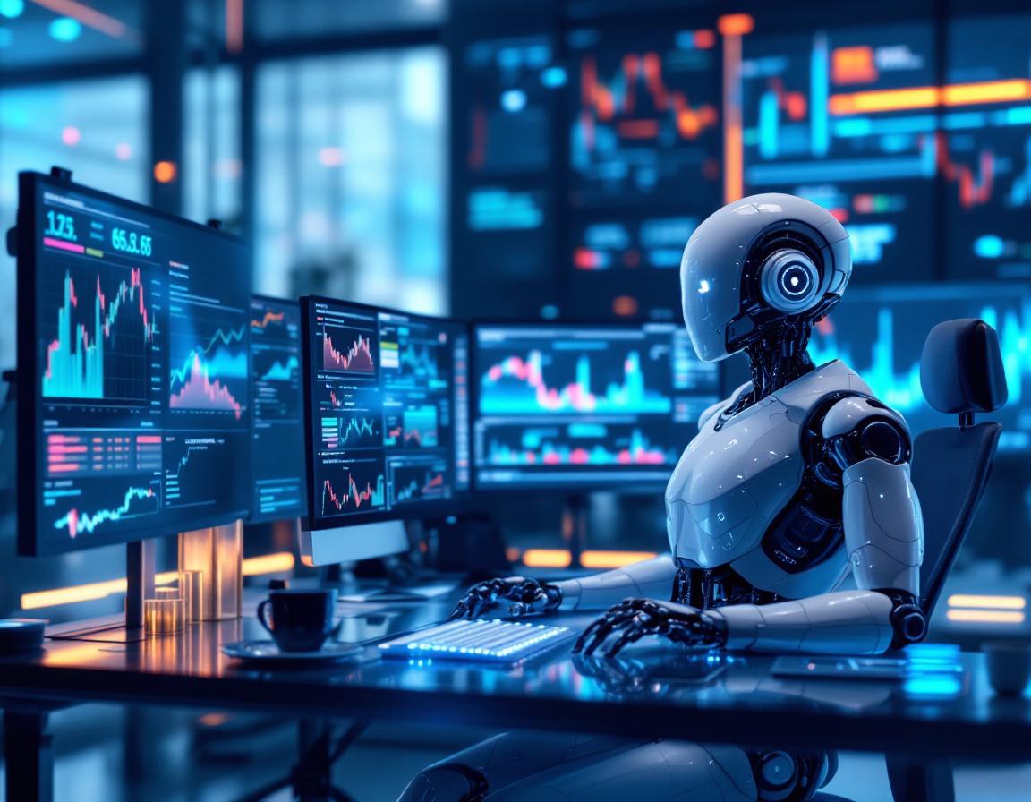 A humanoid AI trading bot works at a sleek workstation, analyzing market data on multiple screens.