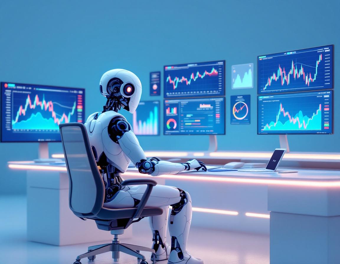 A humanoid AI trading bot analyzes market data in a futuristic workspace with high-tech interfaces.