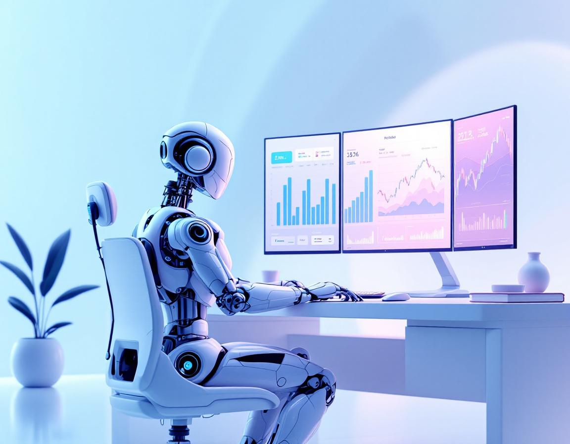 A humanoid AI trading bot in a futuristic workspace analyzes market data on multiple screens.