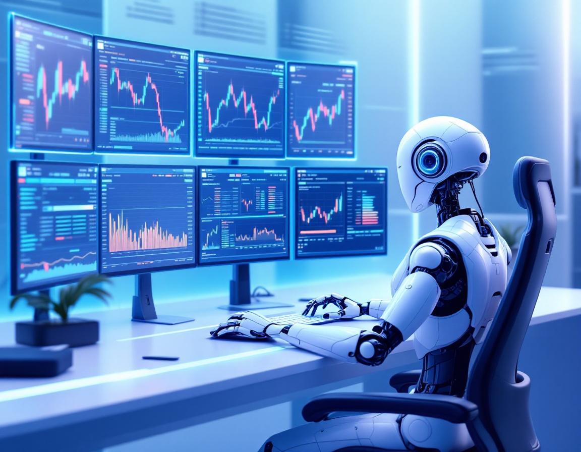 A humanoid AI trading bot at a high-tech workstation analyzing market data on multiple screens.