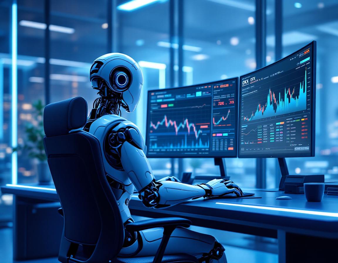 A hyper-realistic AI trading bot analyzes market data on multiple screens in a futuristic setting.