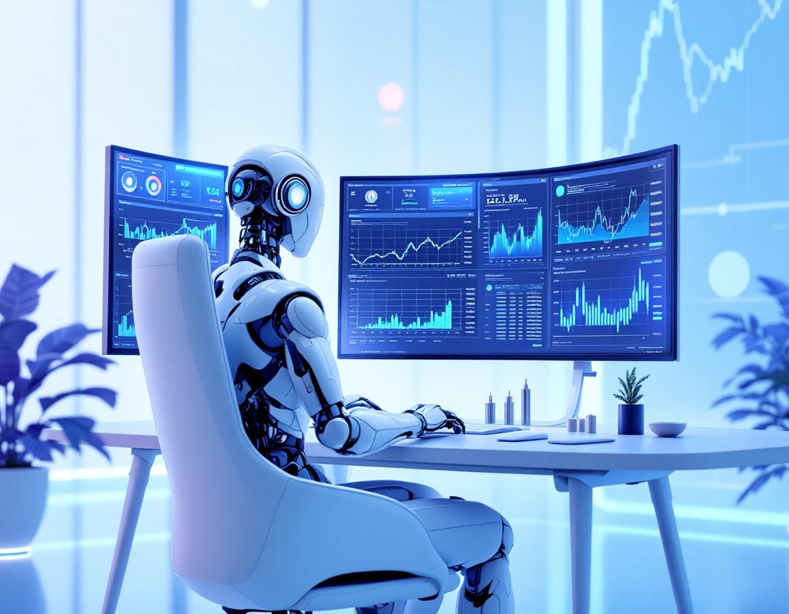 A humanoid AI trading bot analyzes market data at a high-tech workstation with multiple screens.
