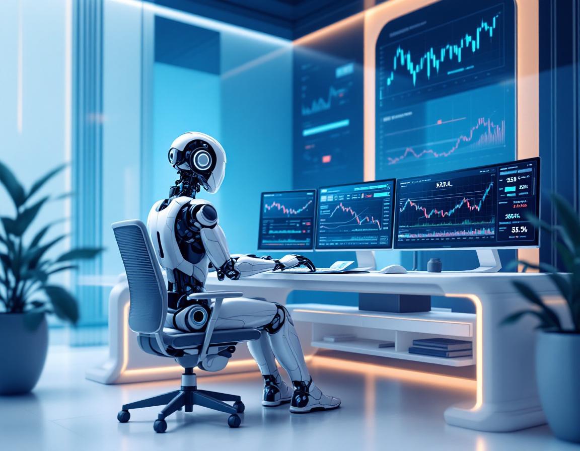 A humanoid AI trading bot analyzes market data at a futuristic workstation with multiple screens.