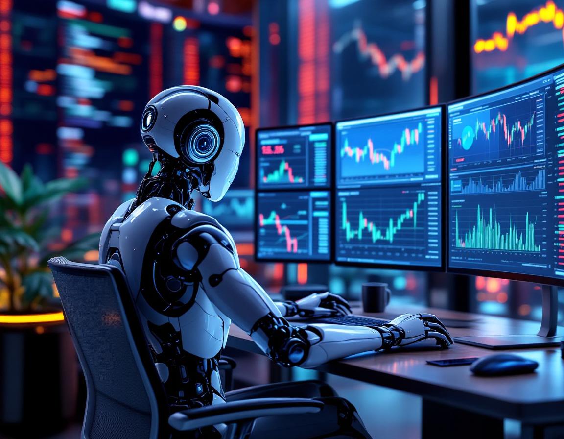 A hyper-realistic AI trading bot operates in a futuristic space, analyzing market data and trades.