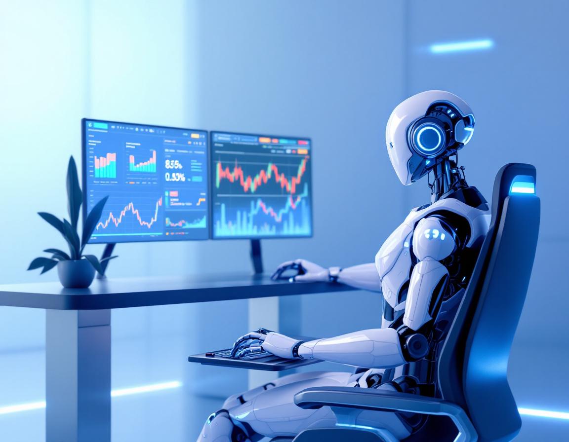 A futuristic AI trading bot analyzes market data at a high-tech workstation surrounded by screens.