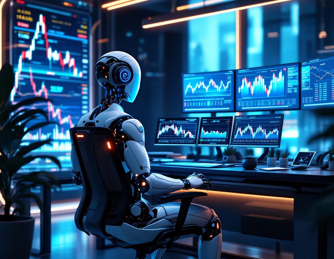 A humanoid AI trading bot at a high-tech workstation analyzing market data with multiple screens.