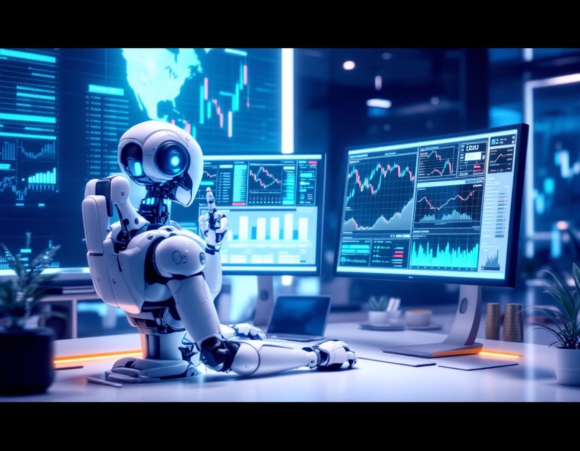 A hyper-realistic AI trading bot at a high-tech workstation analyzing stock and crypto market data.