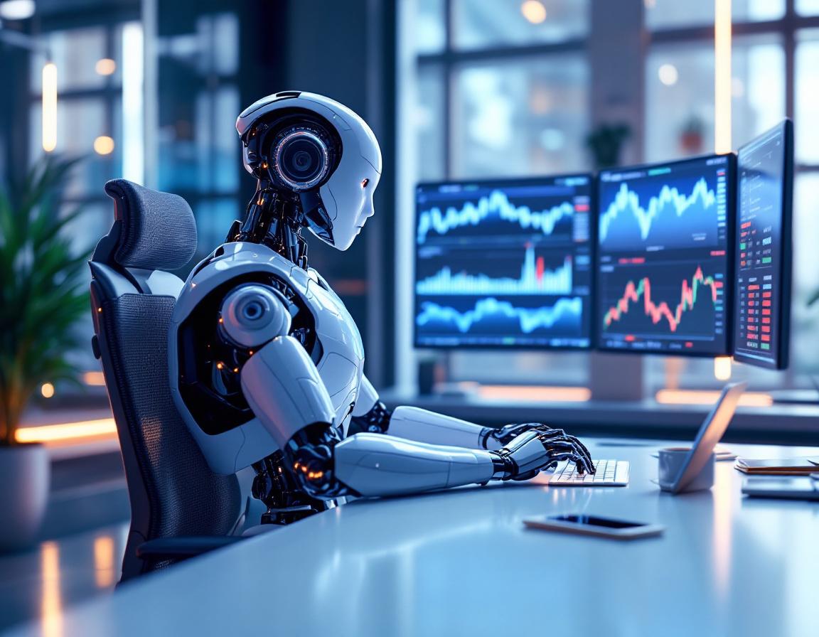 A hyper-realistic AI trading bot analyzes market data at a sophisticated futuristic workstation.