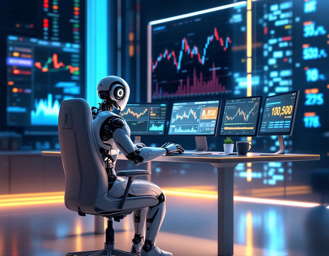 A hyper-realistic AI trading bot at a futuristic workstation analyzing stock and crypto market data.