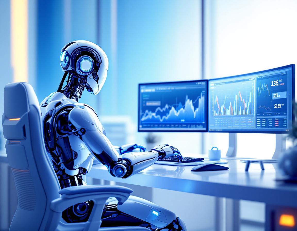 A hyper-realistic AI trading bot at a high-tech workstation analyzing stock and crypto market data.