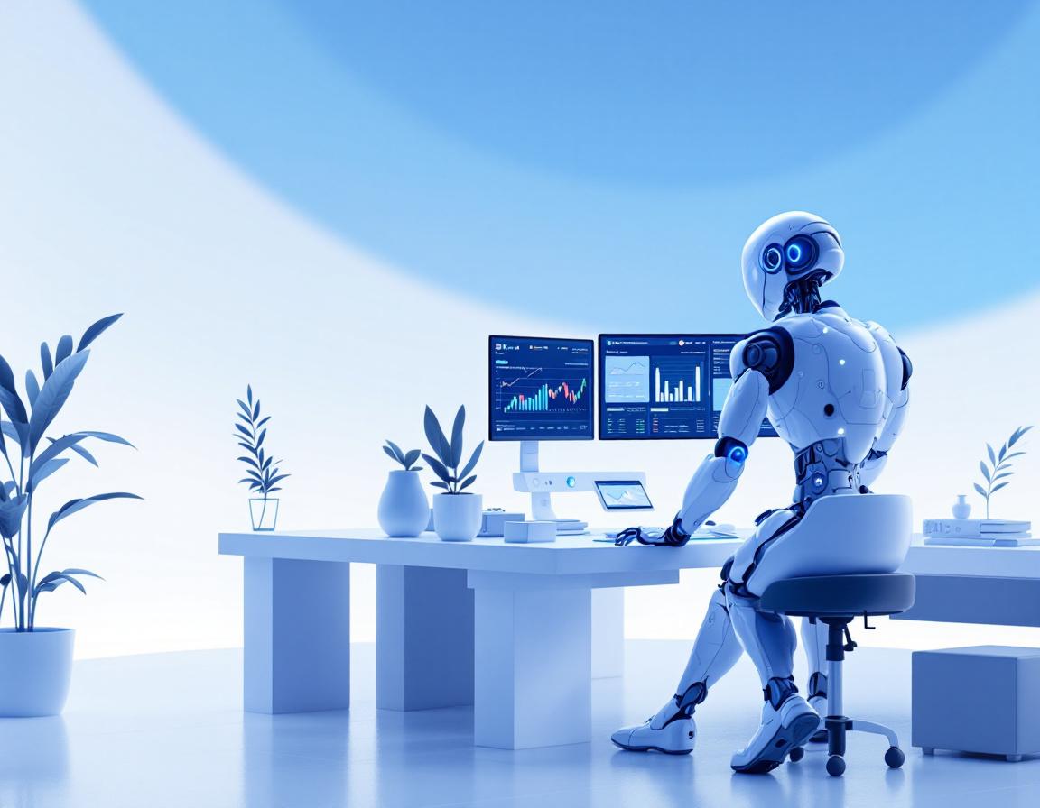 A humanoid AI trading bot in a futuristic trading space analyzing market data on multiple screens.