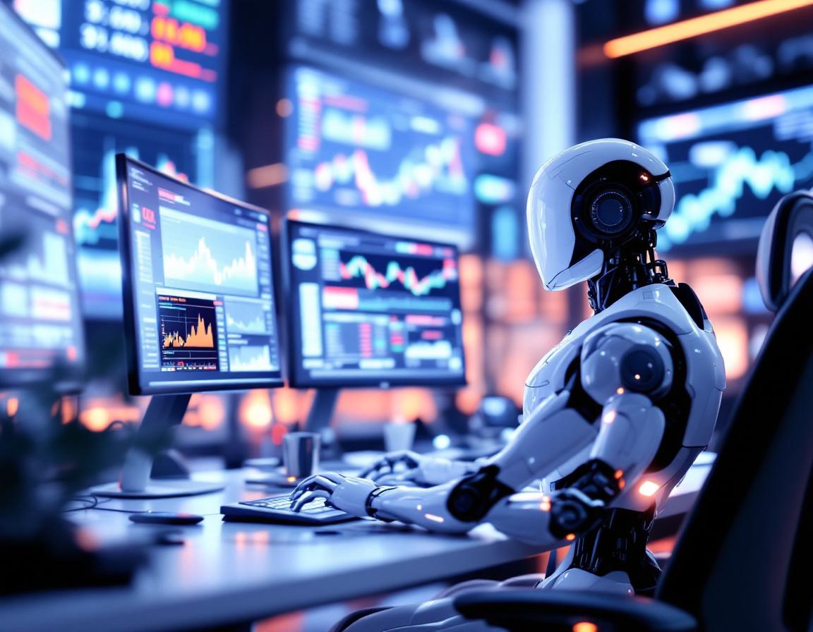 A hyper-realistic AI trading bot at a workstation, analyzing multi-screen crypto market data trends.