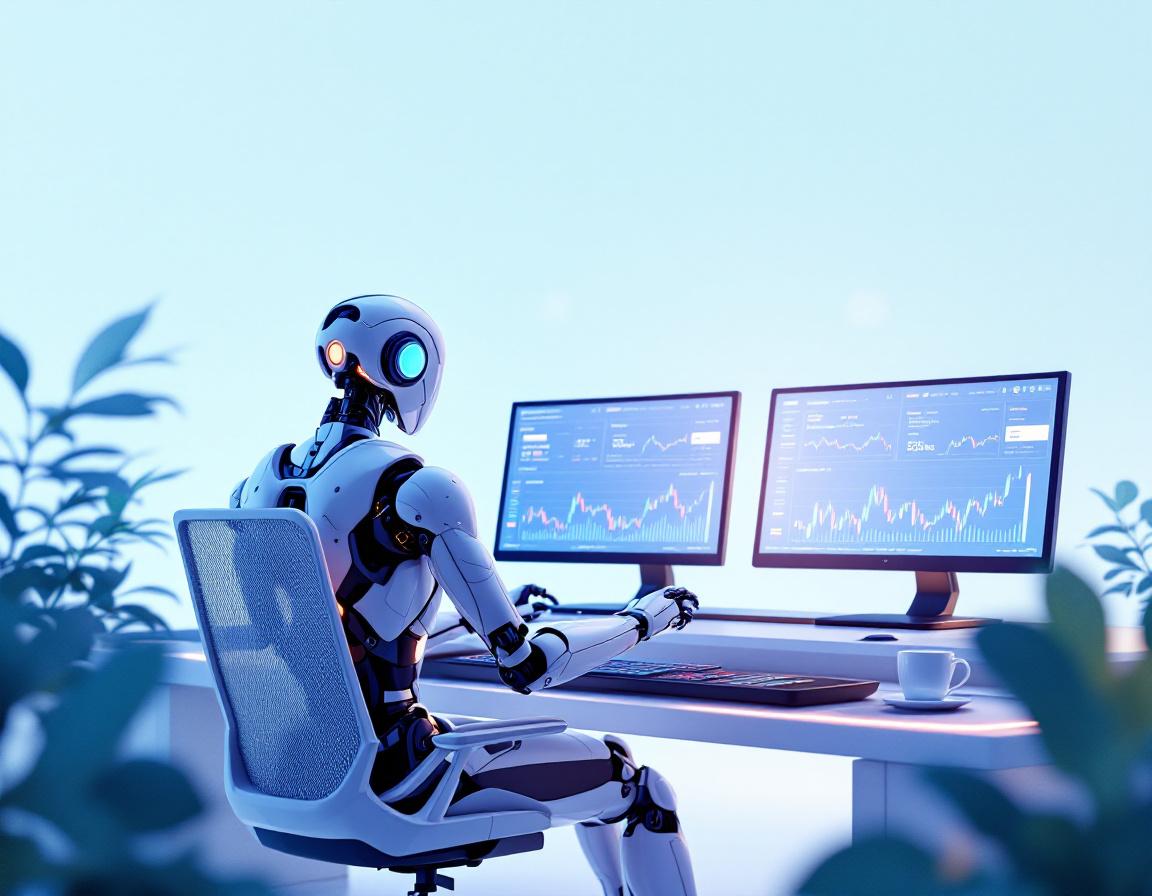 A humanoid AI trading bot analyzes market data at a high-tech workstation with glowing screens.