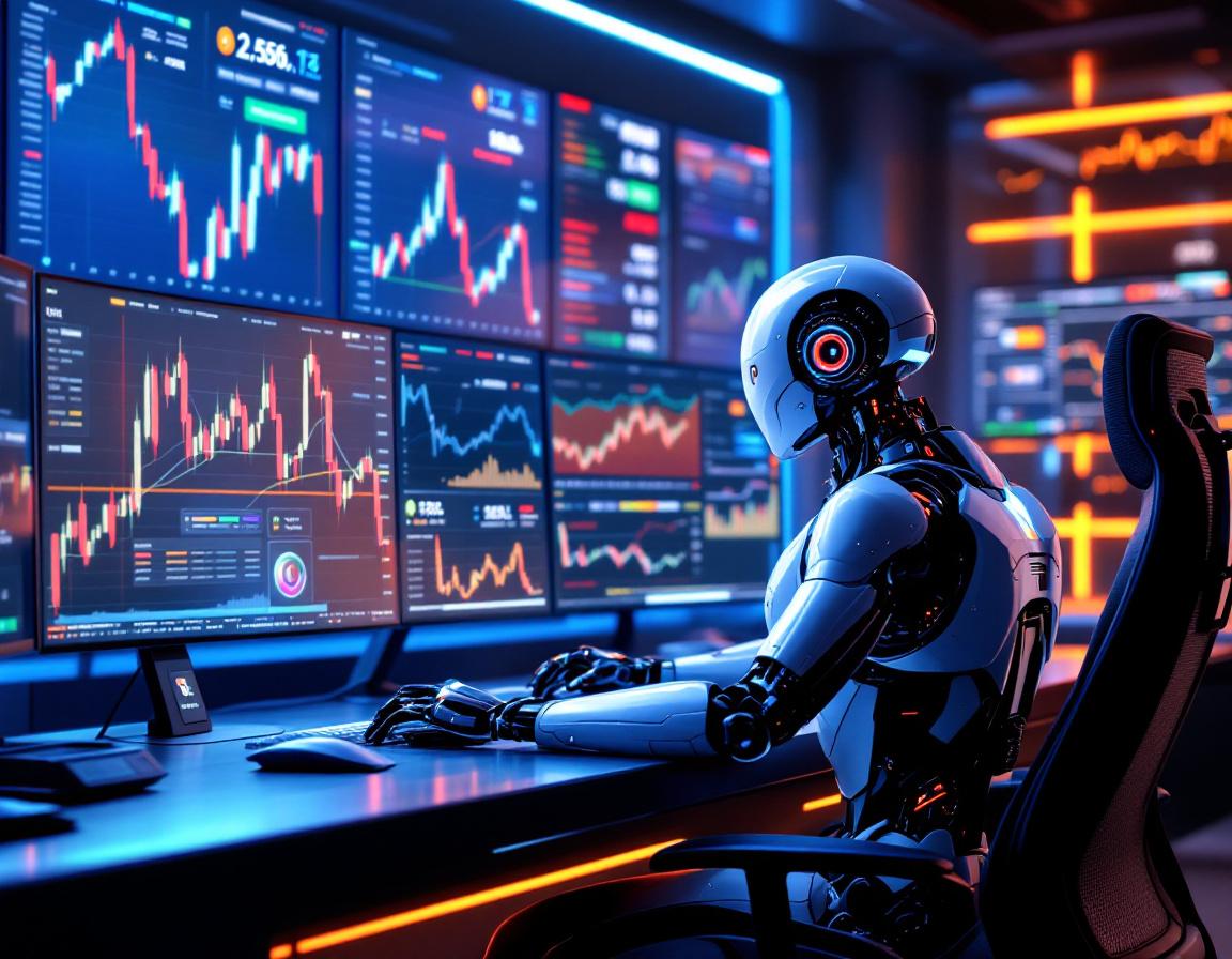 A humanoid AI trading bot analyzes market data at a high-tech workstation with multiple screens.