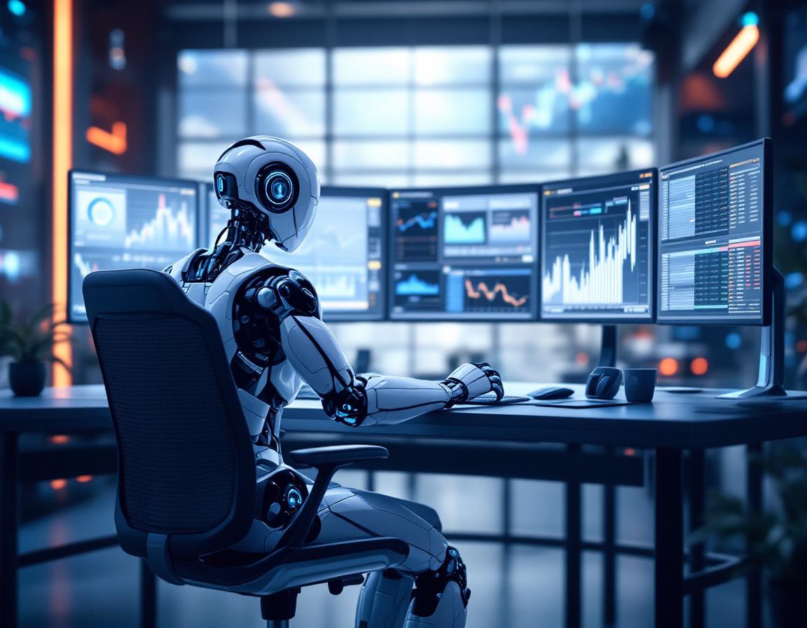 A humanoid AI trading bot at a high-tech workstation, analyzing multiple market data screens.