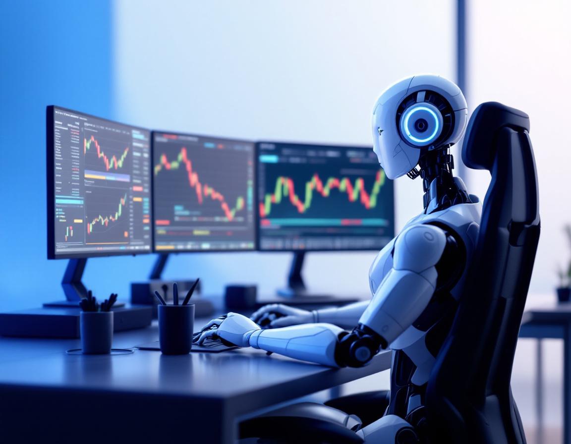A humanoid AI trading bot analyzes data on multiple screens in a sleek, high-tech workstation setup.