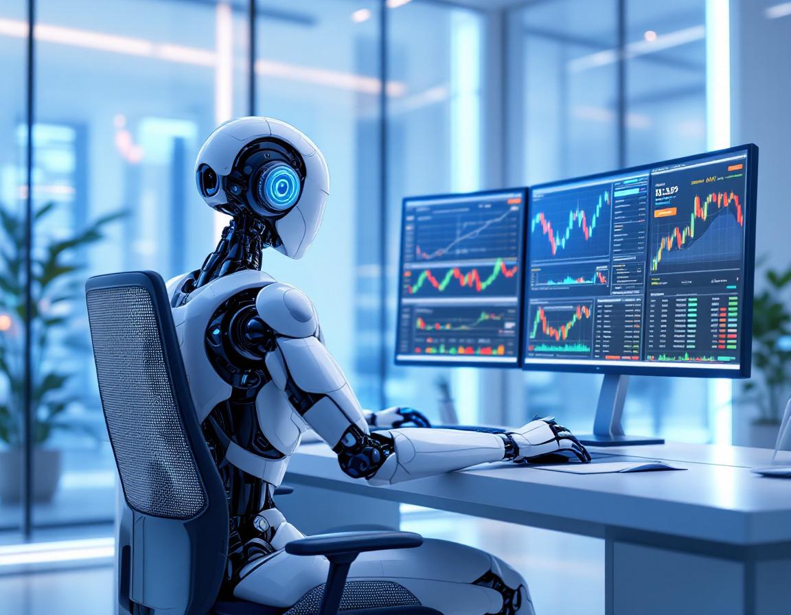 A hyper-realistic AI trading bot at a workstation, analyzing market data over multiple screens.