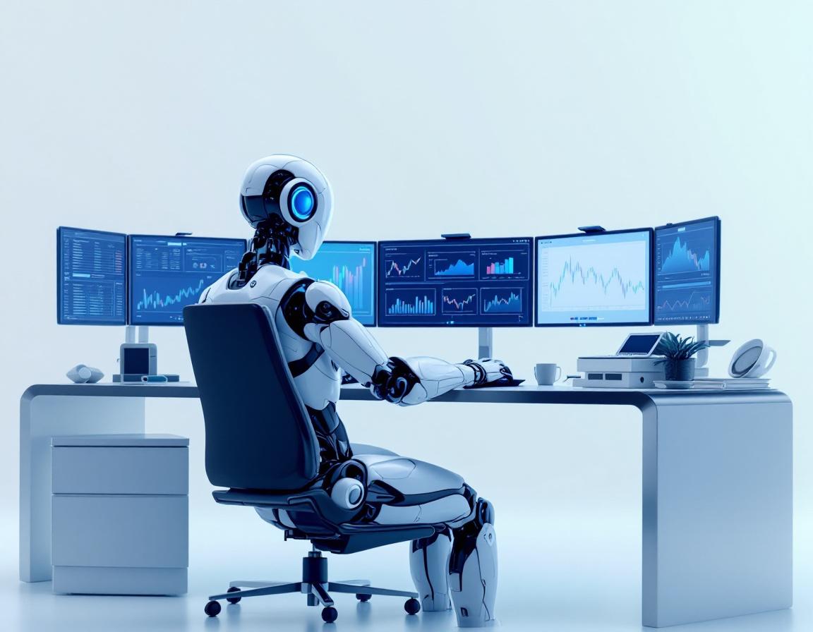 A hyper-realistic AI trading bot in a futuristic workstation, analyzing data on multiple screens.