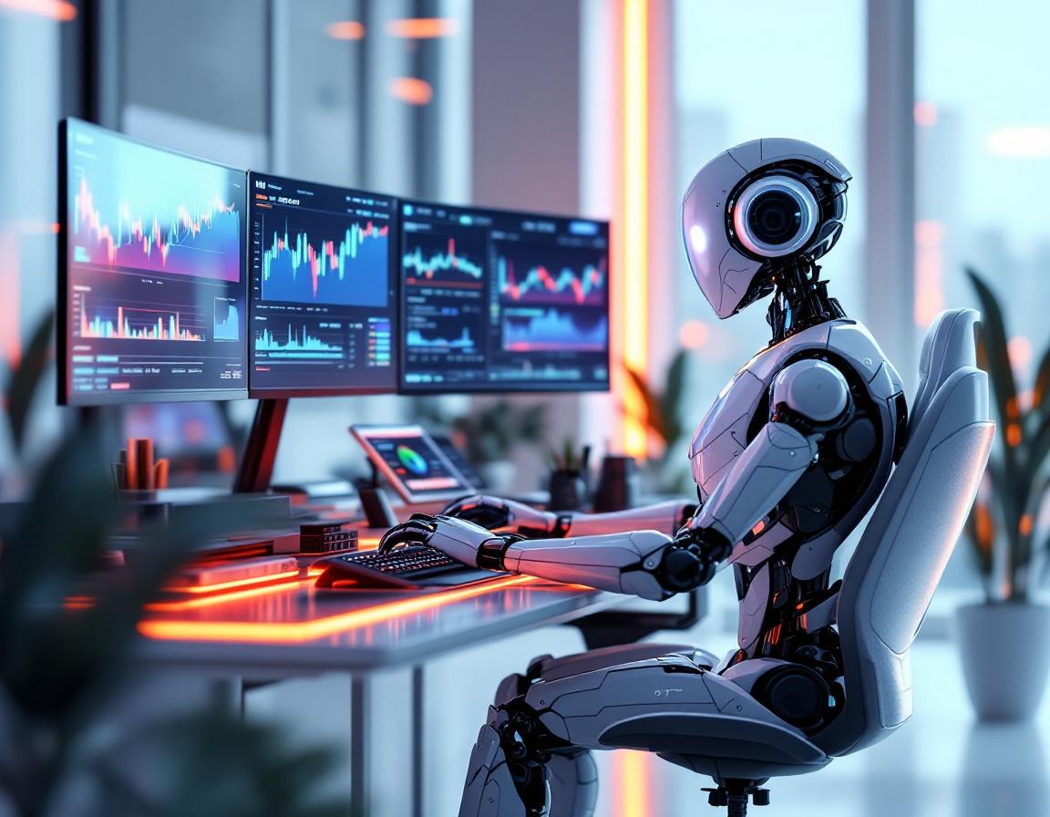 A humanoid AI trading bot at a high-tech workstation analyzing market data across multiple screens.