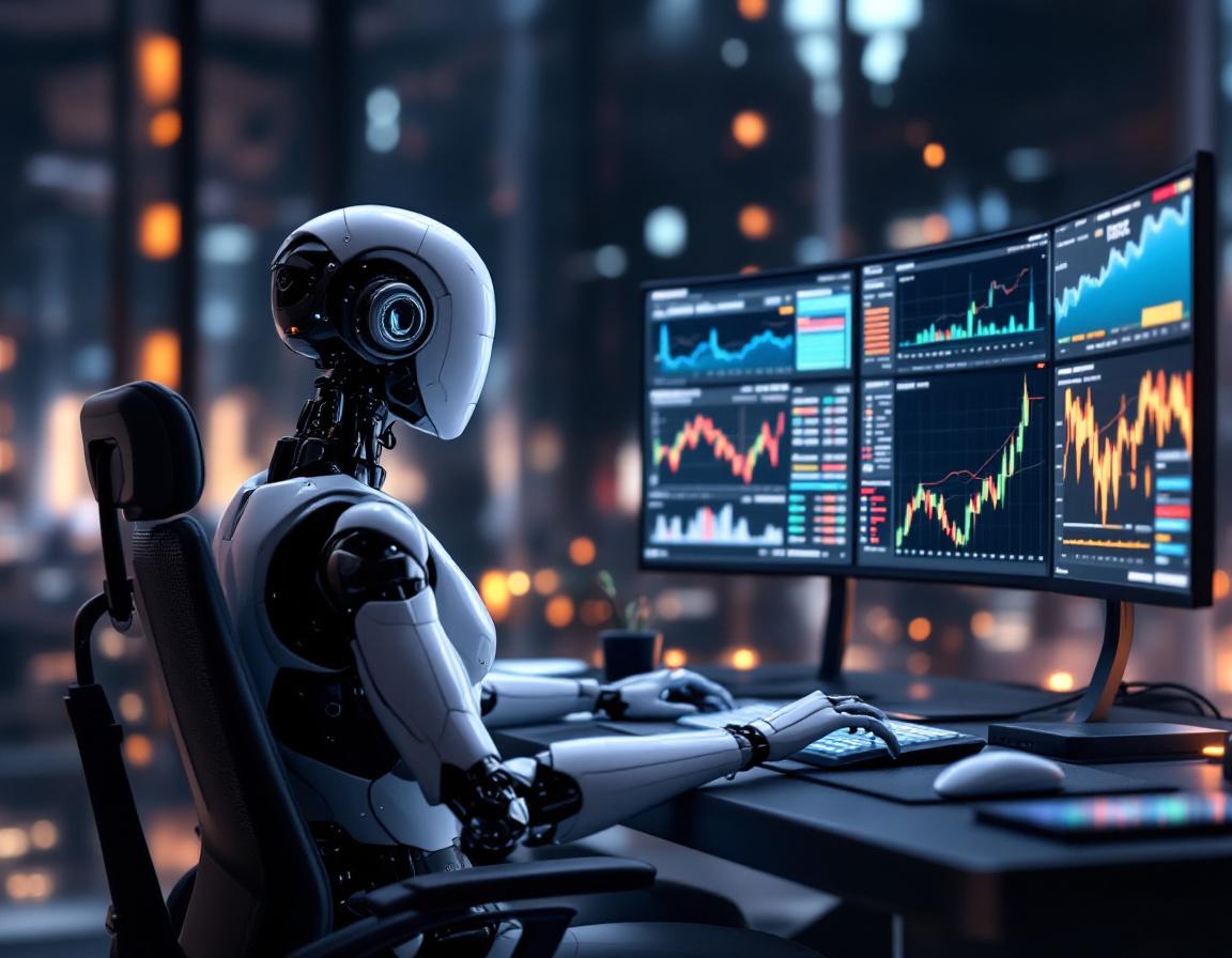 A humanoid AI trading bot analyzes market data at a high-tech workstation with multiple screens.