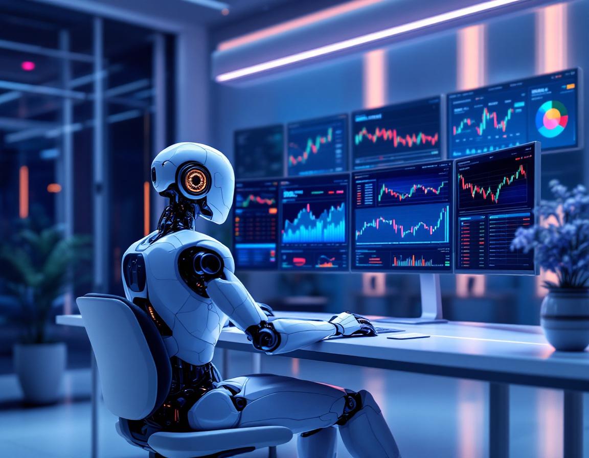A hyper-realistic AI trading bot monitors multiple screens filled with stock and crypto market data.