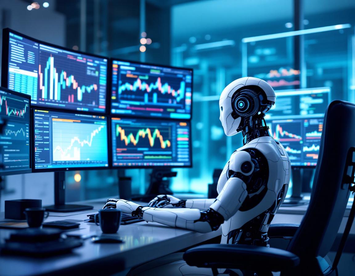 A humanoid AI trading bot analyzes data at a high-tech workstation with multiple market screens.