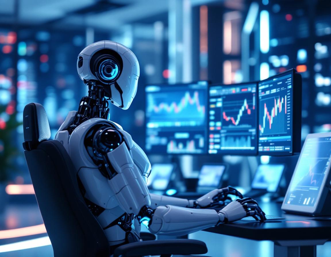 A humanoid AI trading bot analyzing market data at a high-tech workstation with multiple screens.