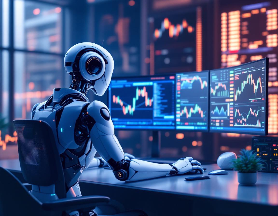 A humanoid AI trading bot at a high-tech workstation analyzes market data on multiple screens.