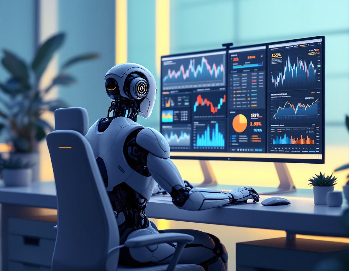 A hyper-realistic AI trading bot analyzes market data at a sleek workstation surrounded by screens.