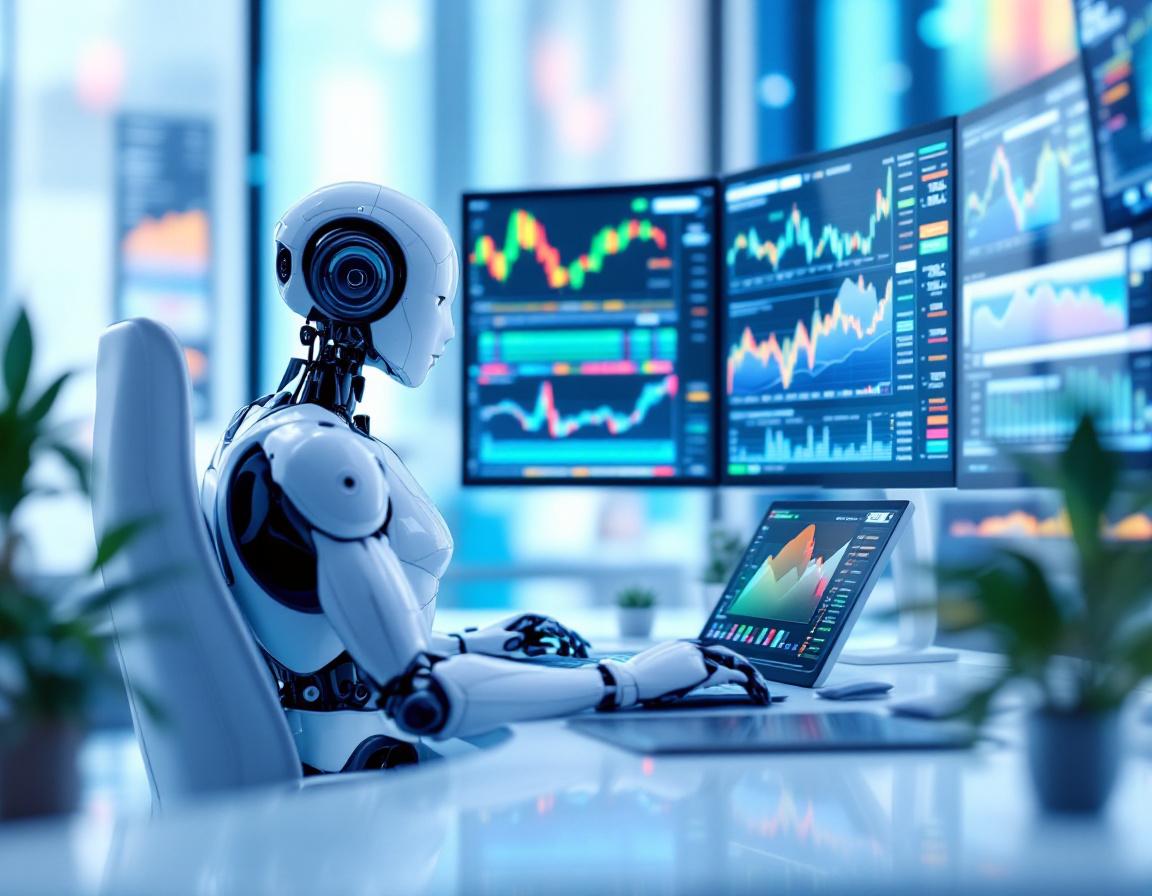 A sleek humanoid AI trading bot at a workstation, analyzing market data on multiple glowing screens.