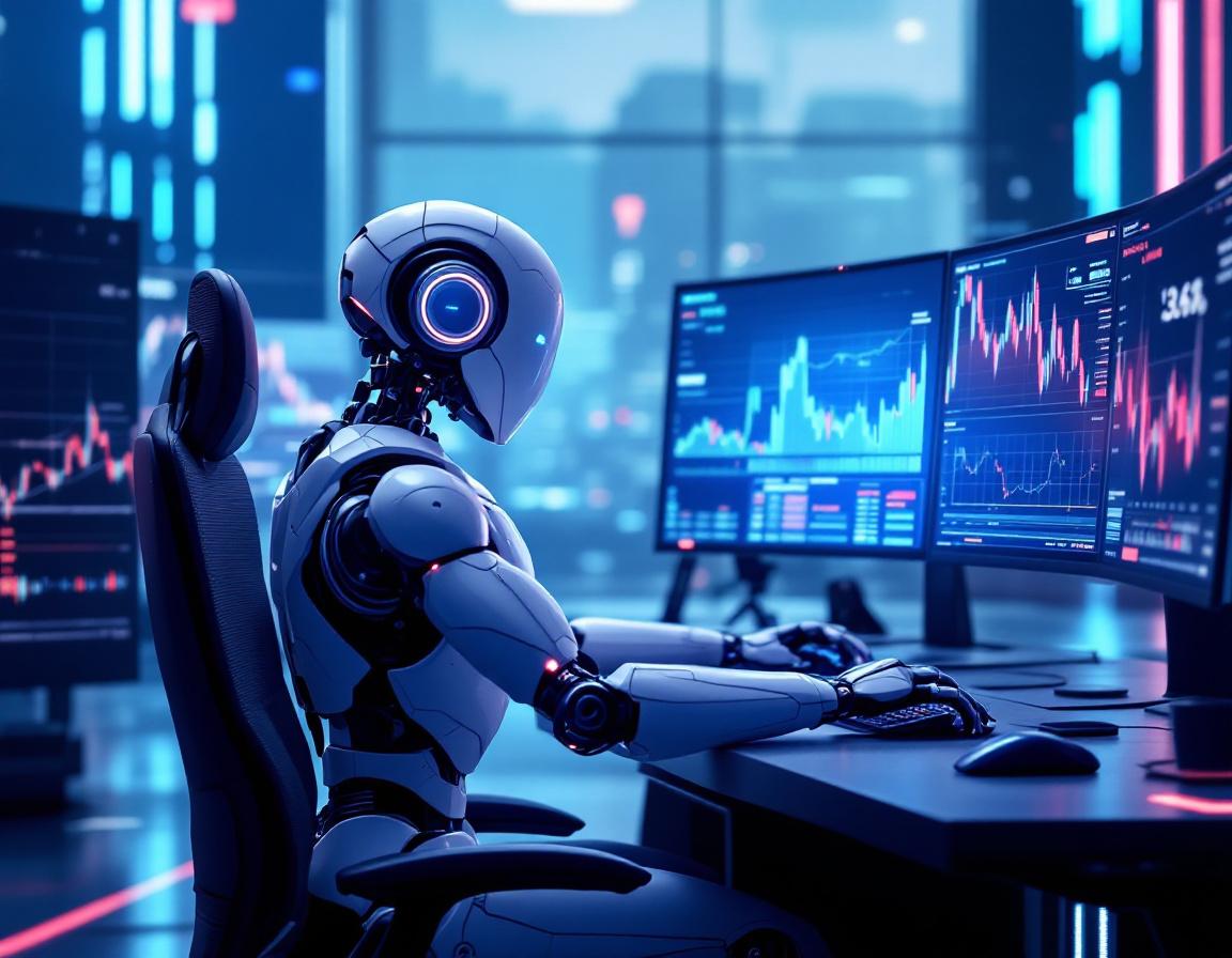 A hyper-realistic AI trading bot at a high-tech workstation analyzing stock and crypto market data.