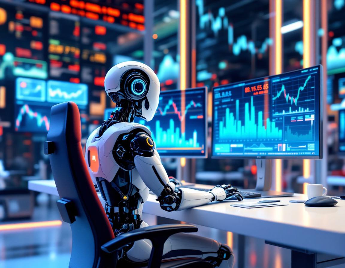 A humanoid AI trading bot at a high-tech workstation analyzing market data on multiple screens.
