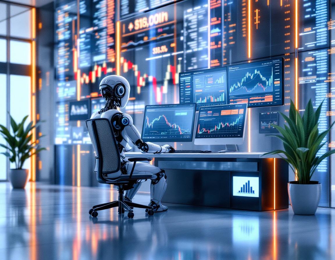 A humanoid AI trading bot at a high-tech workstation analyzing market data across multiple screens.