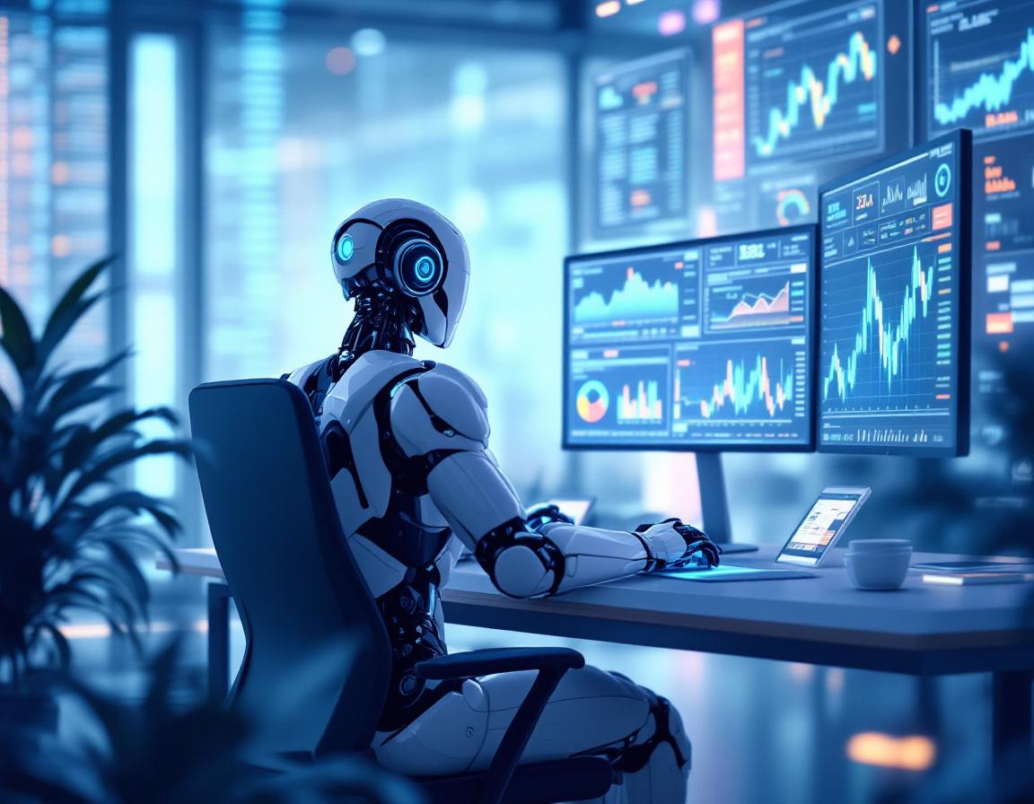 A hyper-realistic AI trading bot at a workstation, analyzing market data across multiple screens.