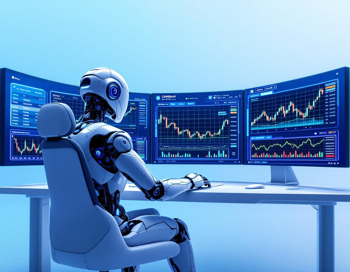 A humanoid AI trading bot analyzes market data at a sleek workstation with glowing screens.