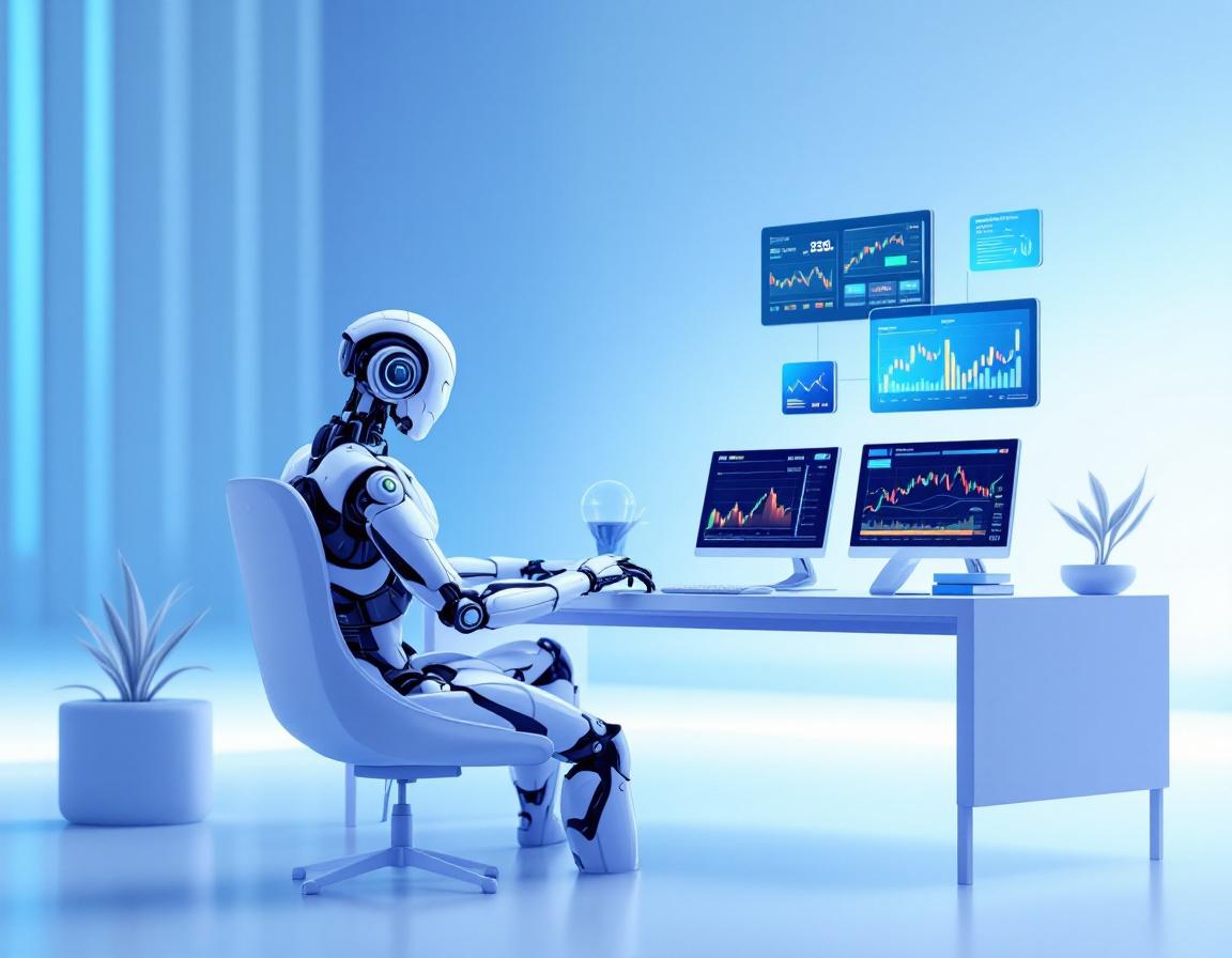 A humanoid AI trading bot analyzing market data at a high-tech workstation with multiple screens.
