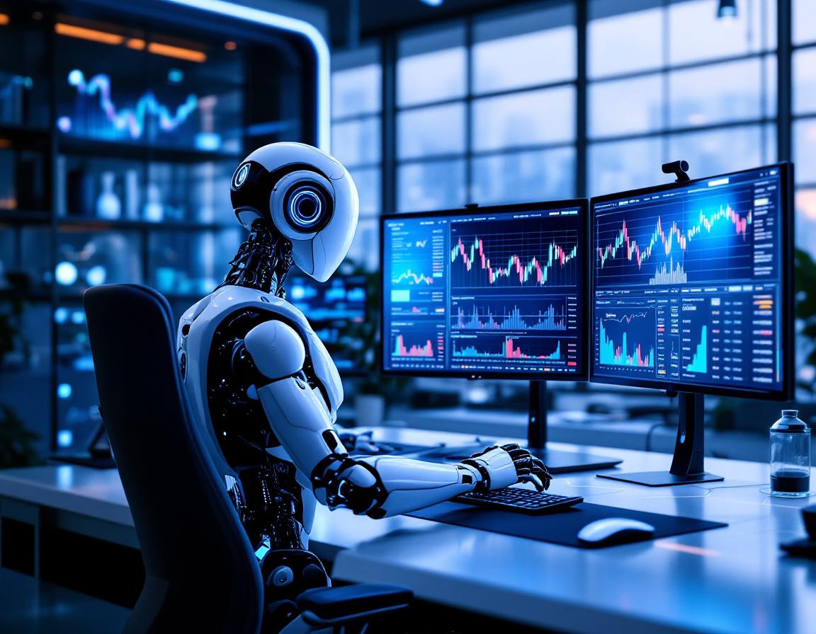 A hyper-realistic AI trading bot at a sleek workstation, analyzing market data on multiple screens.