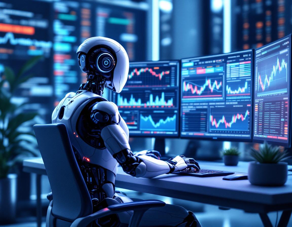 A hyper-realistic AI trading bot at a high-tech workstation analyzing stock and crypto market data.