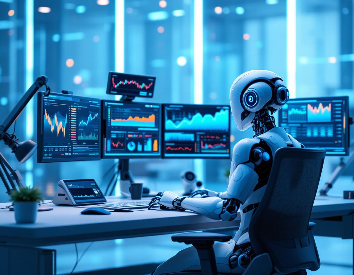 A sleek humanoid AI trading bot at a workstation, analyzing markets on multiple glowing screens.