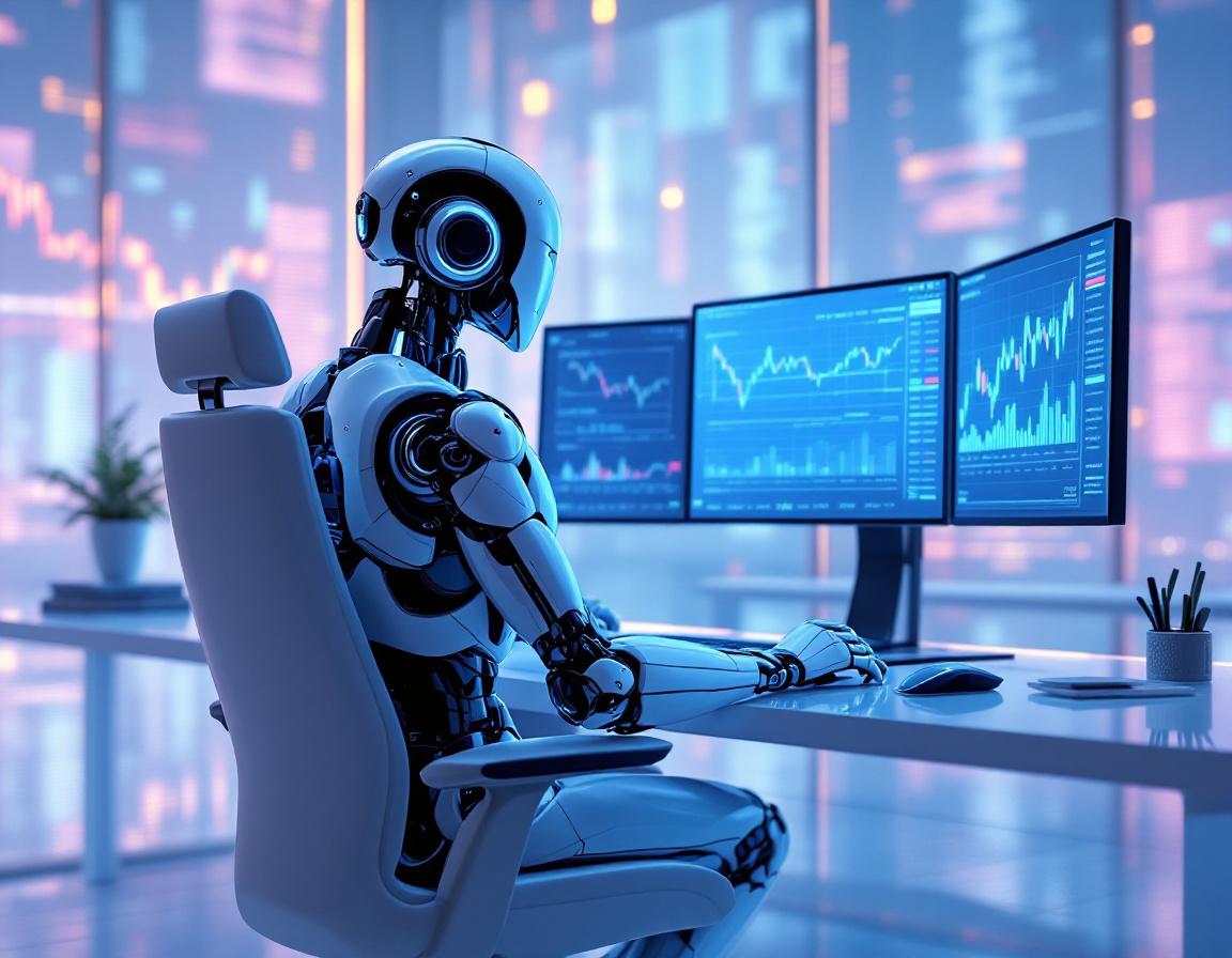 A hyper-realistic AI trading bot at a high-tech workstation analyzing crypto and stock market data.