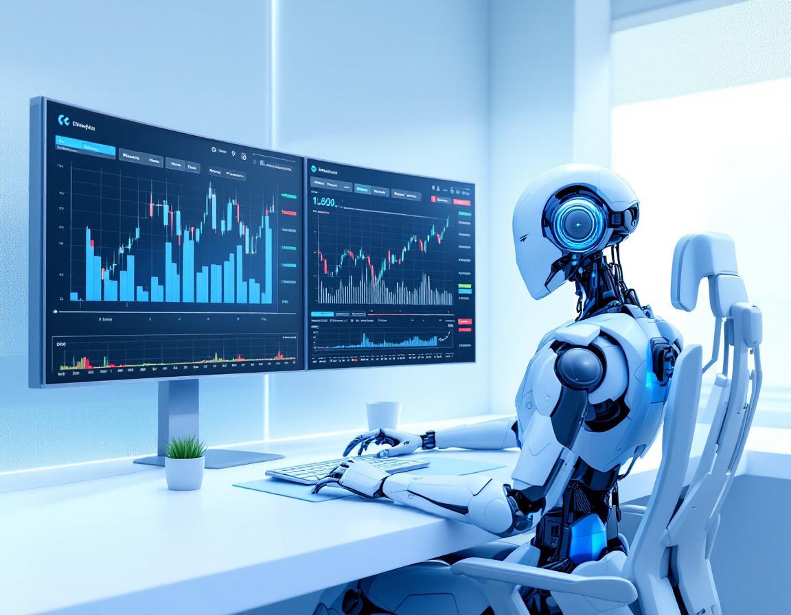 A humanoid AI trading bot at a high-tech workstation analyzing market data across multiple screens.