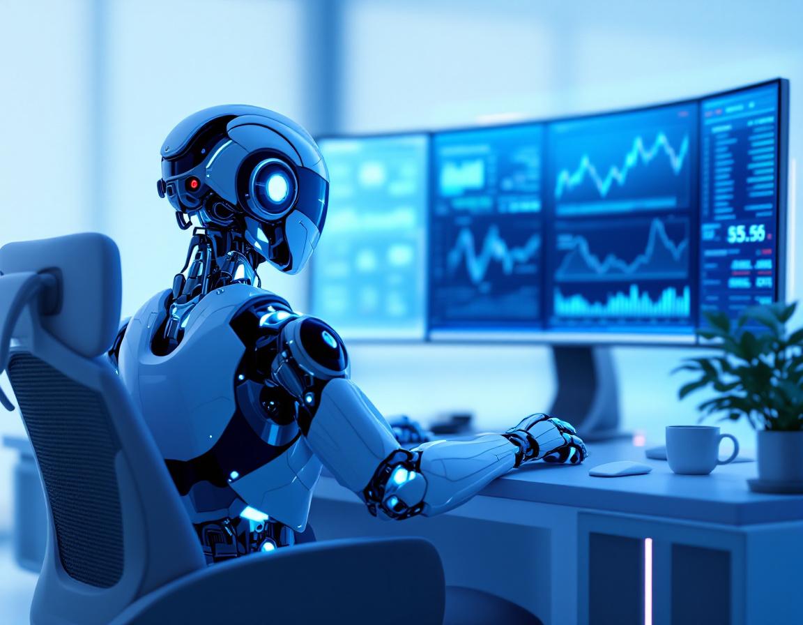 A humanoid AI trading bot operates at a workstation, analyzing market data across multiple screens.