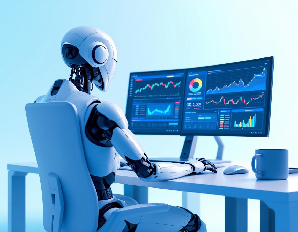 A humanoid AI trading bot analyzes market data at a high-tech workstation with multiple screens.